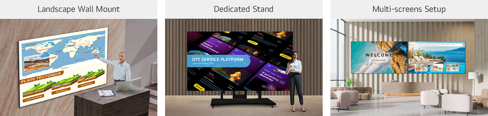 The LAAB installed on the wall with a landscape wall mount, with a dedicated stand, and side by side as two displays in a multi-screens setup, are shown in three different images.