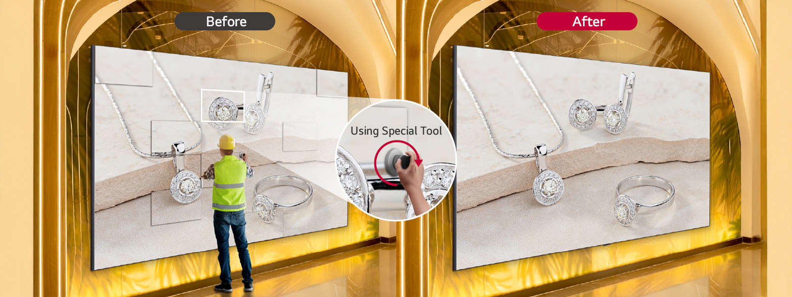 An installer is using a special tool to perform level adjustment from the front of the screen, with the difference before and after adjustment shown side by side.