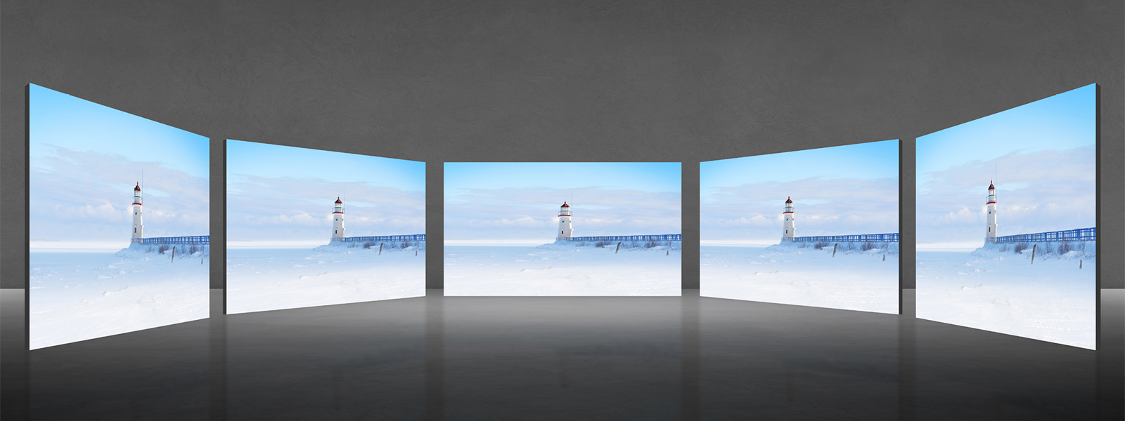 The same scene is being displayed on multiple screens set up at different angles, and each screen shows the same exact scene with accurate and consistent colors and no angle distortion.